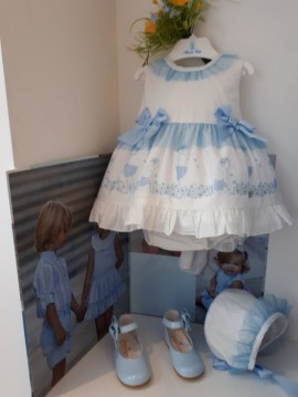 Abuela Tata Ivory & Blue Tulle Baby Dress with Bonnet