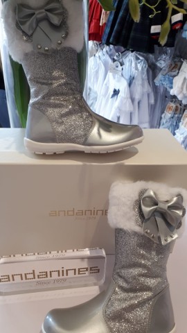 Andanines silver glitter knee high fur trim boots