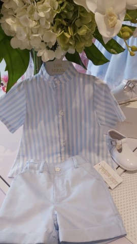Lor Miral boys blue & white striped shirt & blue shorts 