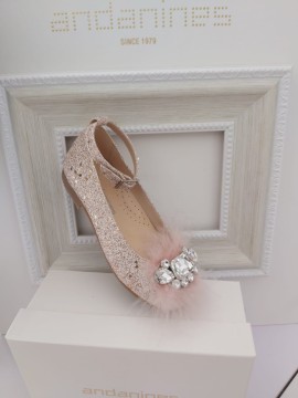 Andanines Champagne glitter shoes with feathers & jewels 