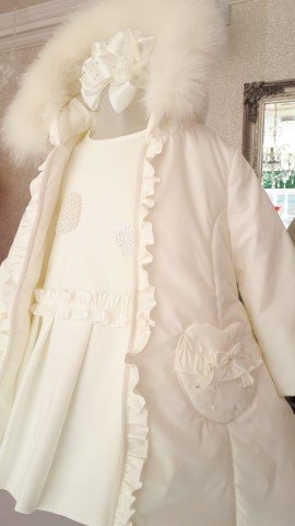Cream Bimbalo coat with fur trim hood