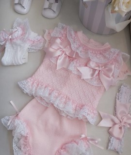 Exclusive to Bebe Belleza Pink & white baby knitted top & pants 