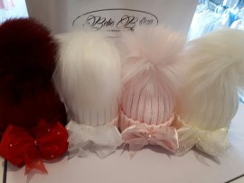Girls Diamante Bow Faux Fur Pom Pom Hat