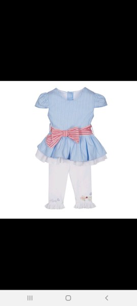 Lapin house blue striped blouse with bow belt and white ruffle bottom leggings 