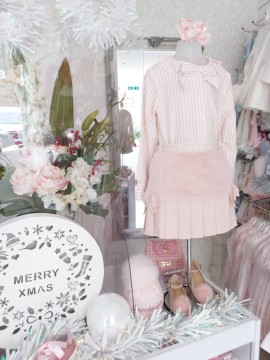 Lapin House Pink & White Striped Blouse & Logo Pleated Skirt