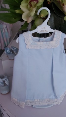 Lor Miral baby blue dress & pants with spotted trim 