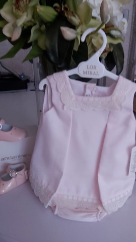 Lor Miral baby pink dress & pants with spotted trim 