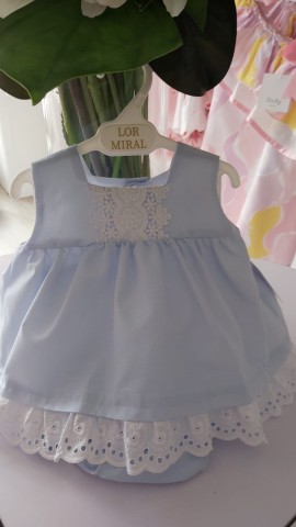 Lor Miral blue dress with white frill trim