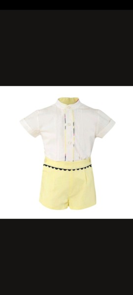 Miranda boys white shorts sleeved shirt with tartan trim & lemon shorts 