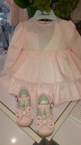 Miranda pink long sleeved baby dress with lace detailing 