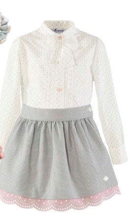 Miranda white spotted blouse & grey checked skirt
