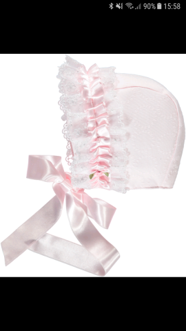 Piccola speranza pink lace & rosebud trimmed baby bonnet 