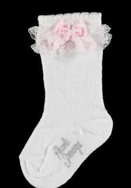Piccola Speranza white knee high socks with pink sparkle lace detailing 