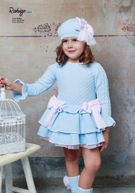 Rahigo blue ruffle dress with pink tulle bows