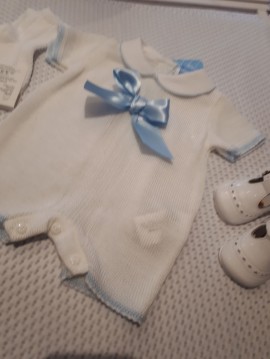 Sardon White Knitted Romper with Blue Bow